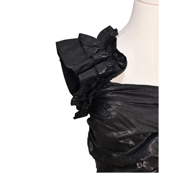 Myth Black Taffeta Ruffled One Shoulder Smocked Padded Ruched Blouse Large - Picture 2 of 7